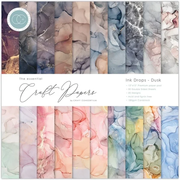 Craft Consortium Essential Craft Papers 12x12 Inch Paper Pad Ink Drops Dusk
